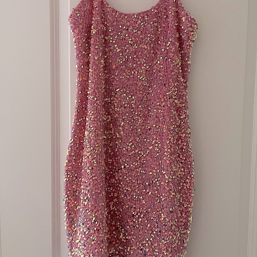 Iridescent Sequin Bodycon Dress in Pink, from lucy in the sky